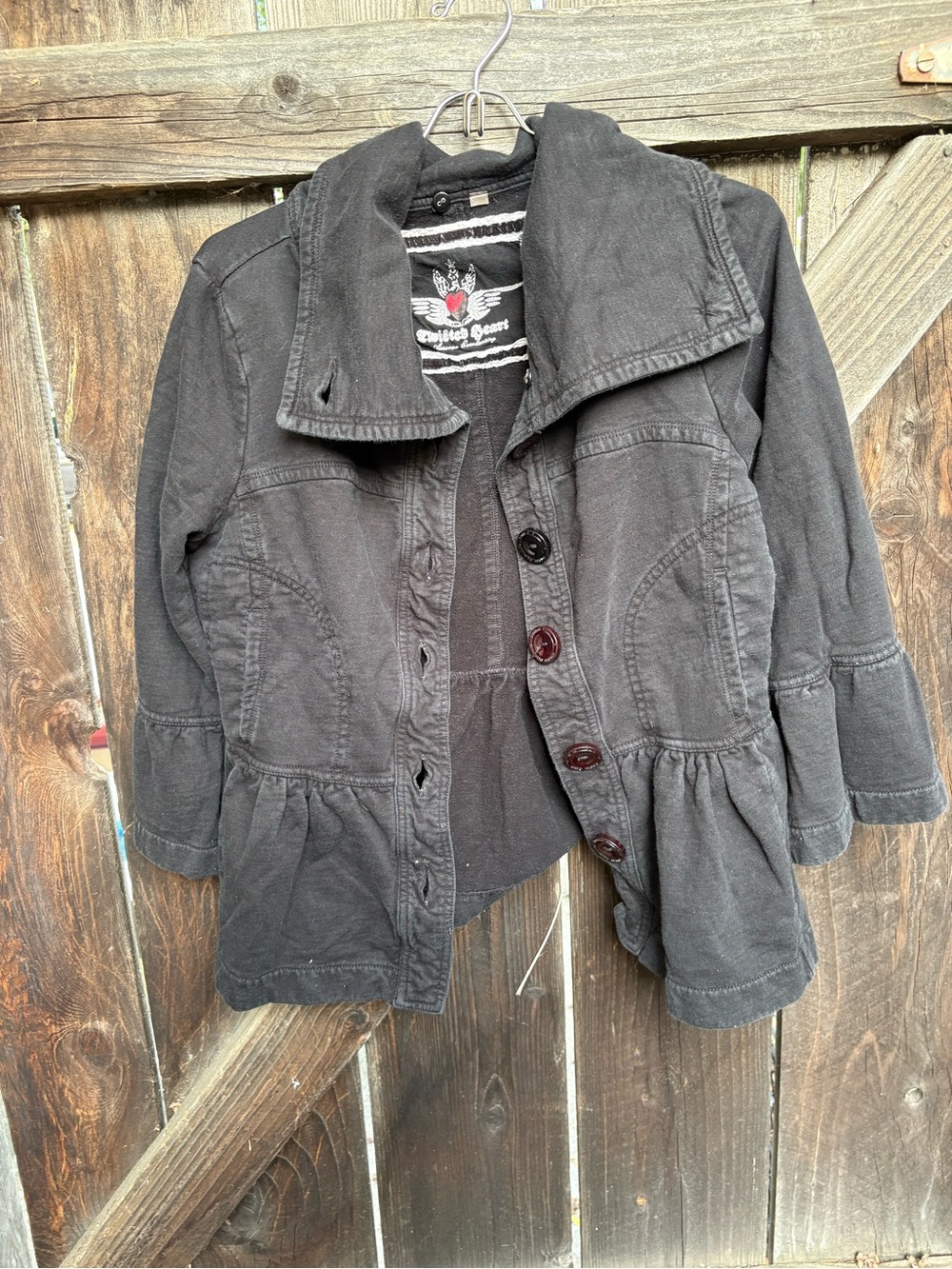 dark gray vintage Y2K Twisted Heart peplum jacket